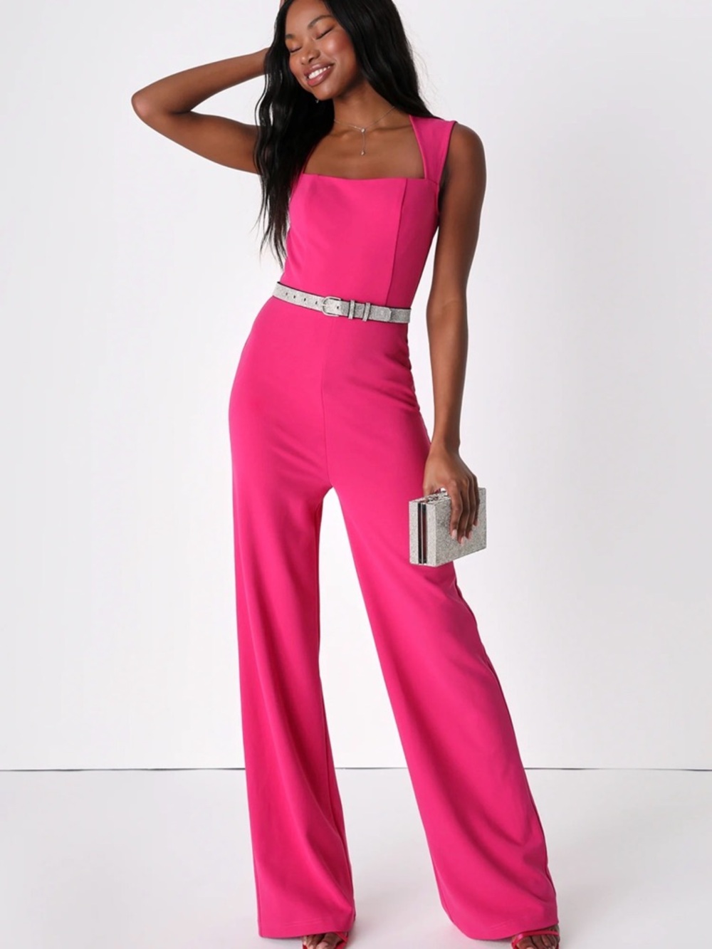 Lulu's Hot Pink Square-Neck Wide-Leg Jumpsuit XS Does not come with belt!